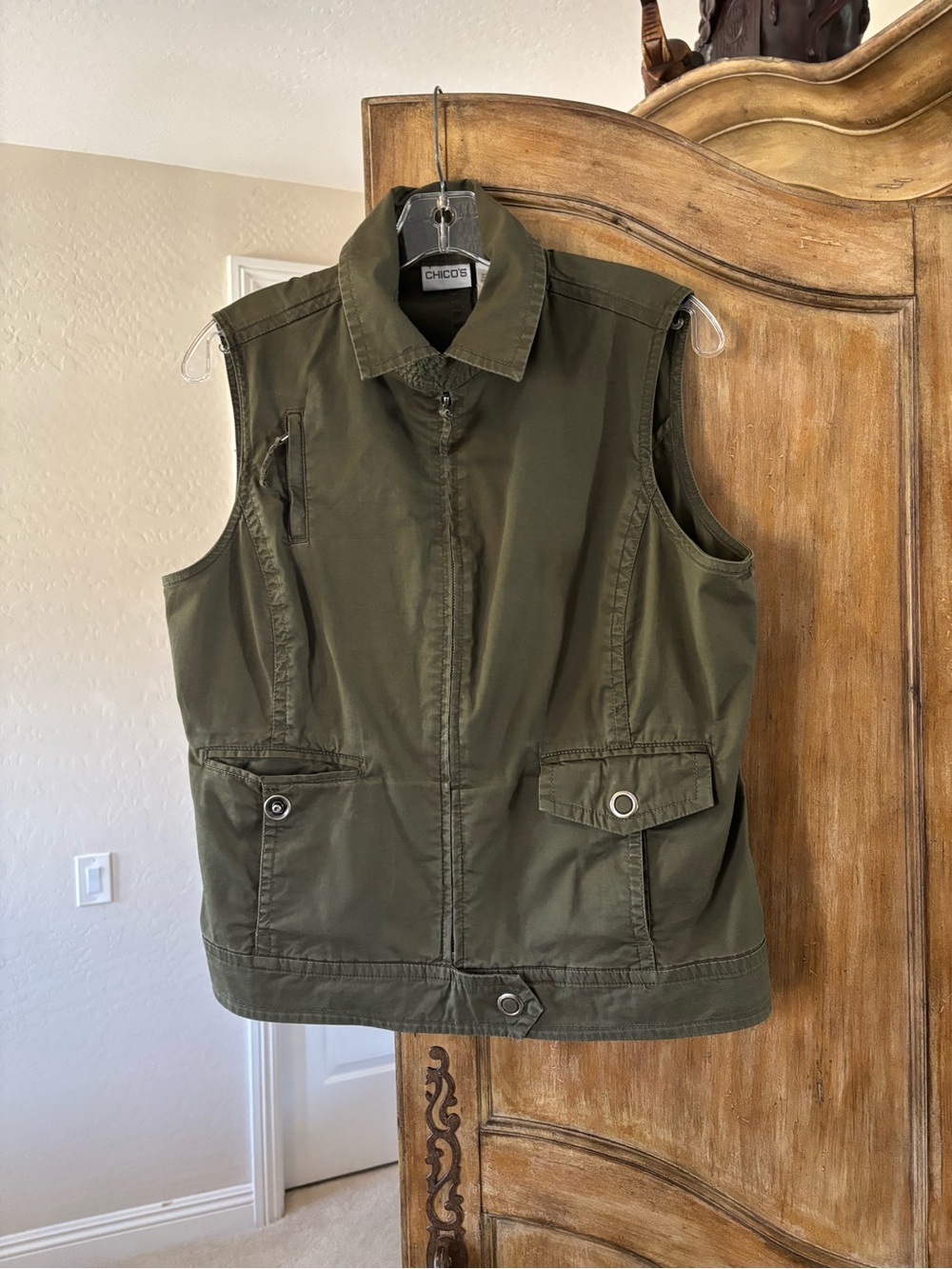 Chico's Olive Utility Vest with Button-Flap Pockets